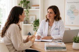 Mujer de unos 40 años conversando con una médica integrativa en una consulta luminosa y acogedora.