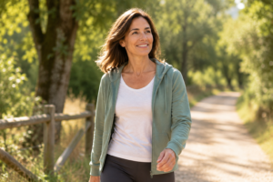 Mujer activa y saludable disfrutando de bienestar hormonal durante la premenopausia.