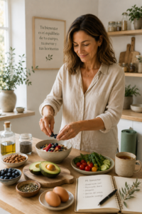 Mujer de mediana edad preparando un desayuno saludable como parte de un enfoque integrativo para mejorar la libido femenina y la salud hormonal durante la premenopausia y la menopausia.
