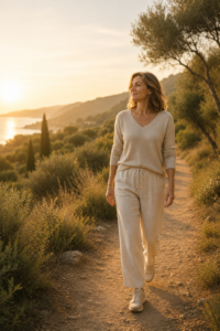 Mujer de unos 50 años caminando en un entorno natural, representando la recuperación de la libido femenina, el bienestar emocional y la salud hormonal durante la premenopausia y la menopausia.
