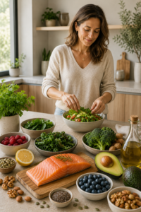 Mujer preparando una alimentación antiinflamatoria para mejorar la salud hormonal femenina y reducir la grasa abdominal durante la menopausia.
