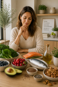 Mujer de 40 años junto a alimentos antiinflamatorios para mejorar la salud hormonal femenina durante la premenopausia y la menopausia.
