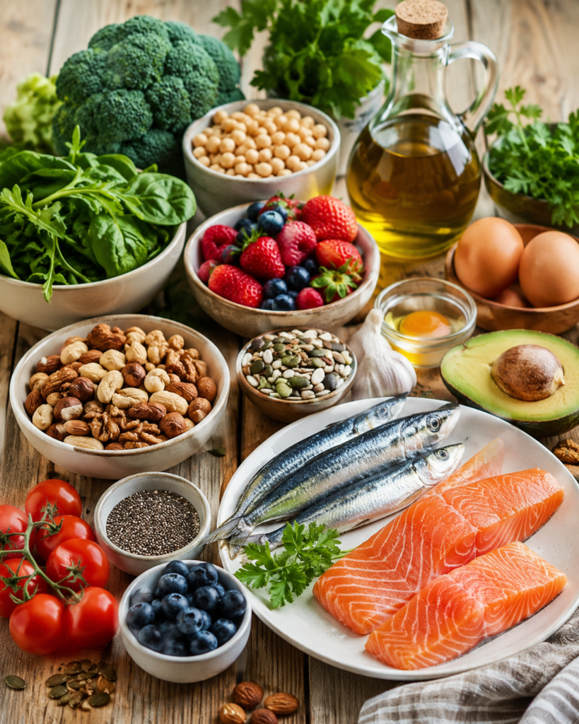 Alimentos ricos en proteínas, omega-3, vitaminas y antioxidantes recomendados para la recuperación tras una explantación mamaria.