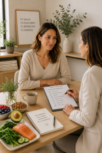 Consulta integrativa de salud hormonal femenina para abordar la grasa abdominal durante la premenopausia y la menopausia.