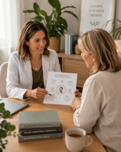 Dietista integrativa realizando una consulta personalizada para una mujer con síntomas de la menopausia y sequedad vaginal.
