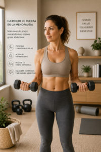 Mujer de 45 años entrenando fuerza para reducir la grasa abdominal y mejorar la salud hormonal femenina.