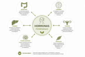 Infografía sobre los órganos implicados en el equilibrio hormonal femenino y su relación con la alimentación.