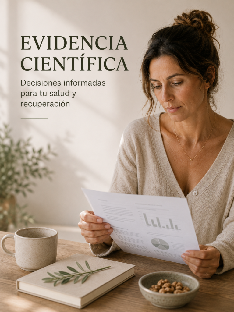 Mujer revisando información científica sobre explantación mamaria y protocolo nutricional basado en la evidencia para favorecer la recuperación tras la cirugía.