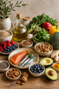 Alimentos antiinflamatorios como aceite de oliva, verduras, frutos secos y pescado azul para favorecer la salud hormonal femenina en la menopausia.
