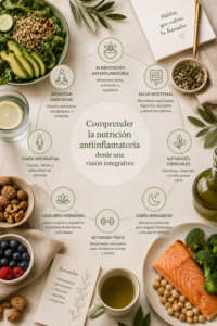 Infografía de nutrición antiinflamatoria y salud hormonal femenina que muestra alimentación saludable, salud intestinal, actividad física, sueño reparador y equilibrio hormonal durante la premenopausia y la menopausia.