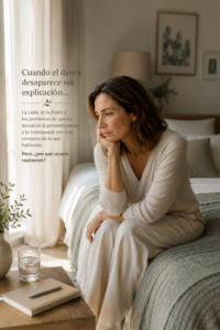 Mujer de 45 a 50 años sentada en el dormitorio con expresión de preocupación, representando la pérdida de libido femenina y la disminución del deseo sexual durante la premenopausia y la menopausia.